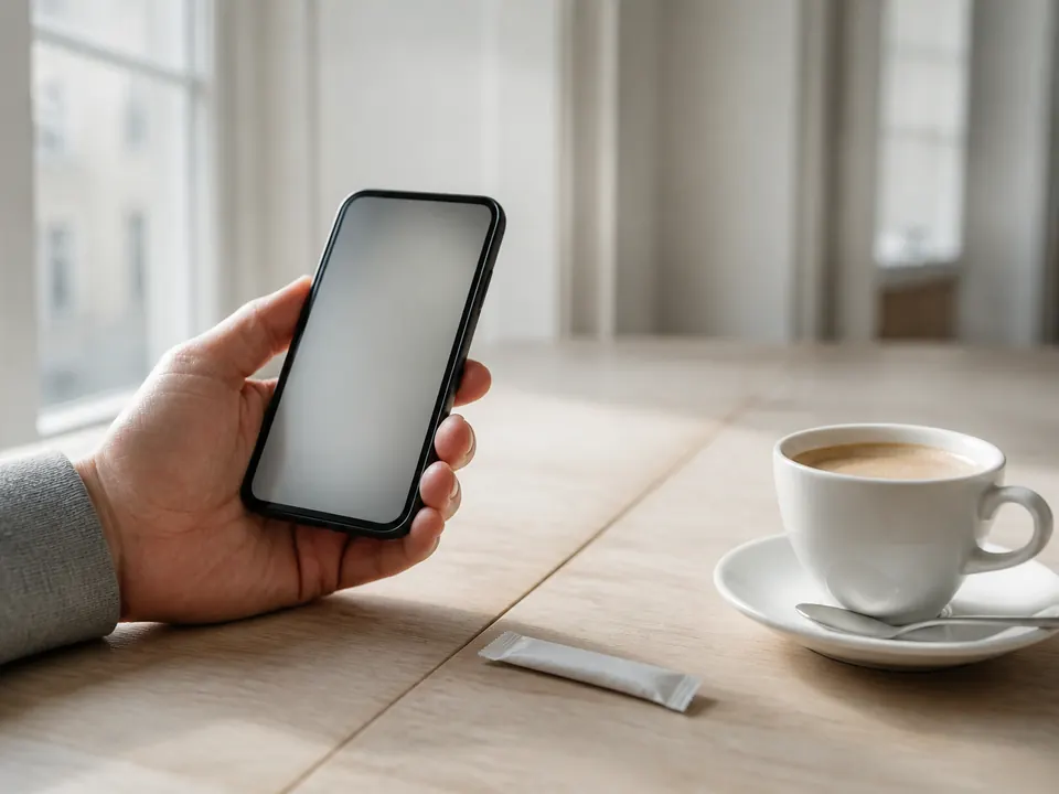 Hand hält ein Smartphone mit unscharfem Bildschirm auf einem vom Fenster beleuchteten Tisch