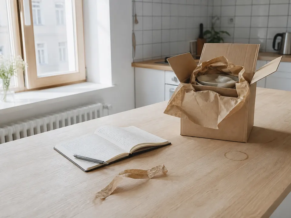 Geöffnetes Paket auf einer hellen Arbeitsplatte, Heft und Stift daneben