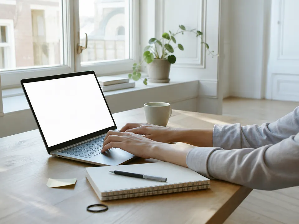 Heller Schreibtisch mit Laptop, Heft und Tasse, Pflanze auf der Fensterbank