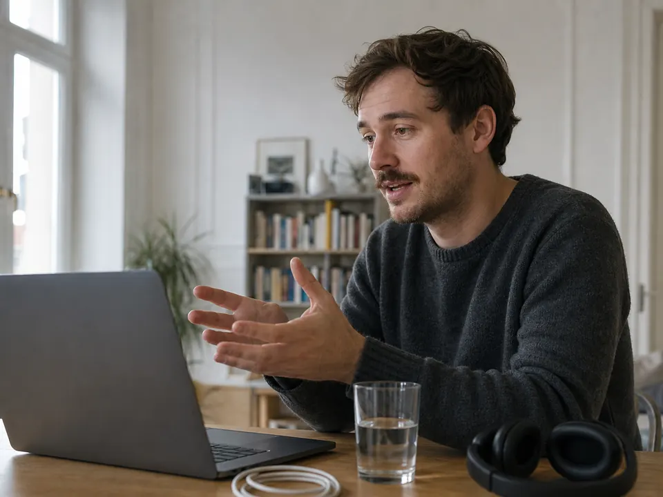 Person vor einer Webcam an einem Laptop in einem hellen Wohnzimmer, Kopfhörer auf dem Tisch