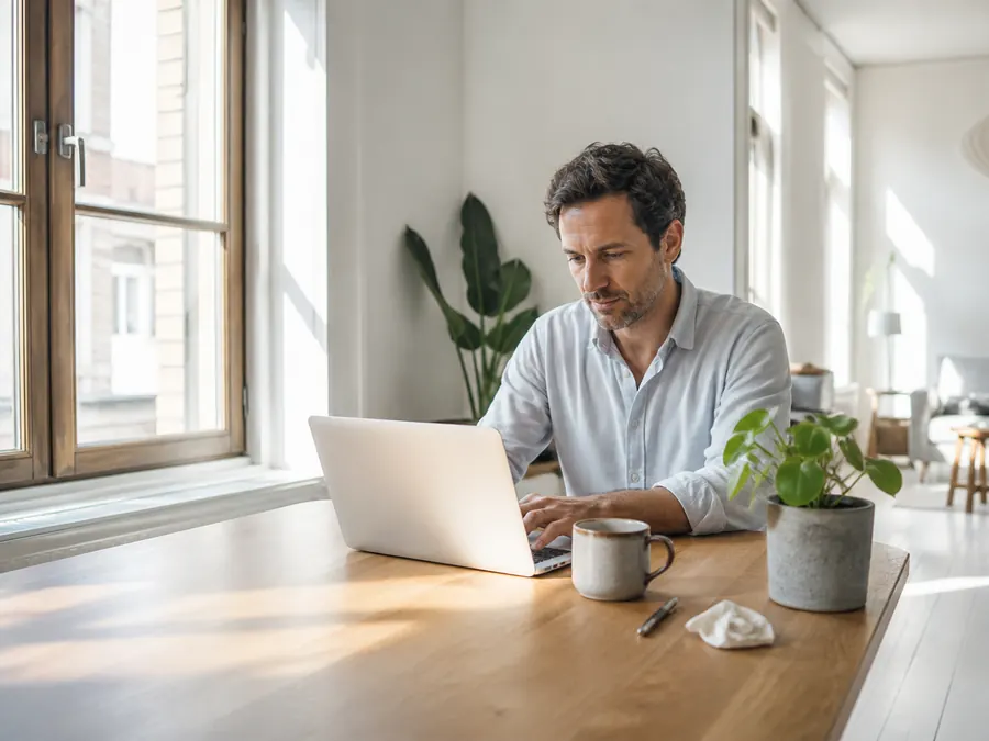 Mittagslicht in einer Wohnung: ein Mann arbeitet an einem Laptop am Tisch neben dem Fenster, Kaffee daneben